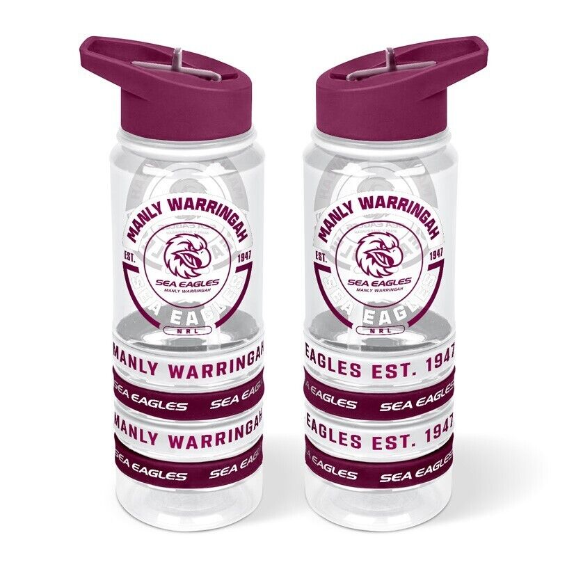 NRL Clear Tritan Drink Bottle 650ml - Manly Sea Eagles - 4 Wrist Bands