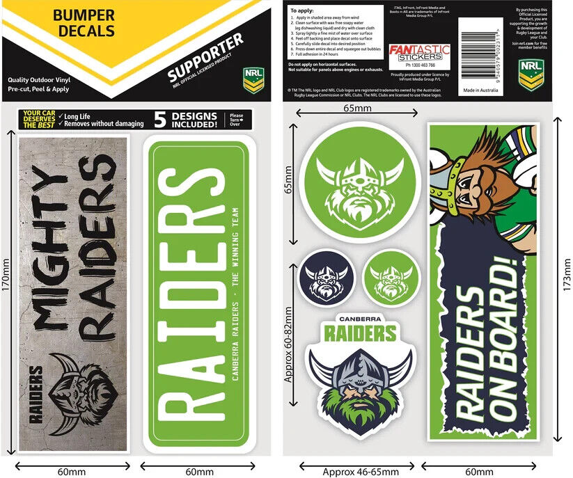 NRL Bumper Decal Sheet Set - Canberra Raiders - Team Logo Sticker - 170mm