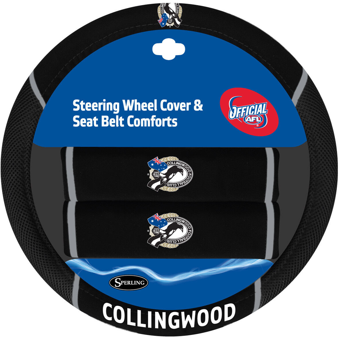 AFL Steering Wheel Cover - Seat Belt Covers - Collingwood Magpies - Universal Fit