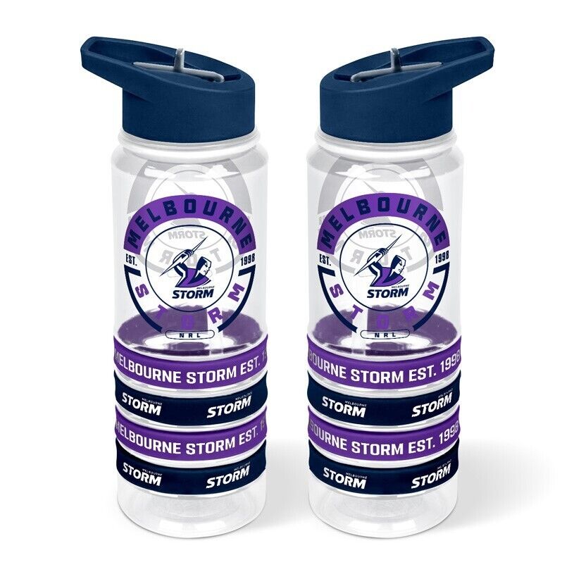 NRL Clear Tritan Drink Bottle 650ml - Melbourne Storm - 4 Wrist Bands