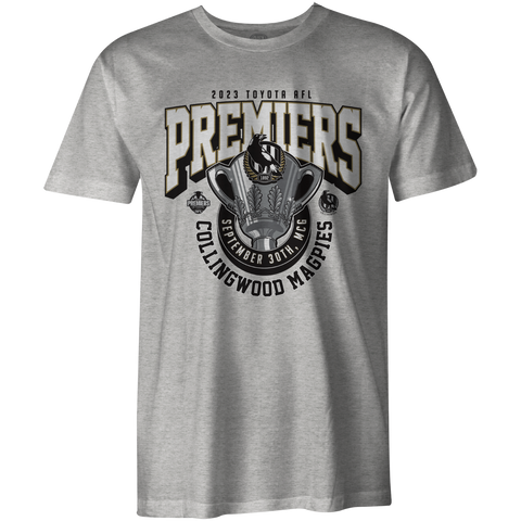 AFL 2023 PREMIERS TEE- GREY - COLLINGWOOD MAGPIES - AVAILABLE NOW