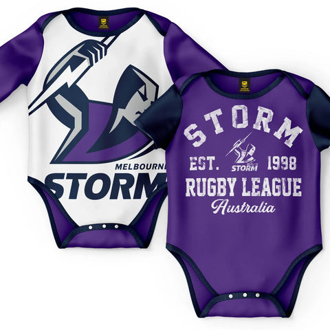 NRL 2 Piece Baby Body Suit  - Melbourne Storm - Two Pack - Short & Long Sleeve