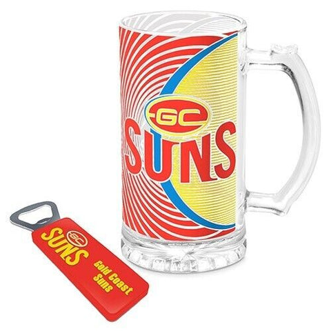 AFL Stein And Opener Set - Gold Coast Suns - Drink Cup Mug - Retail Boxed