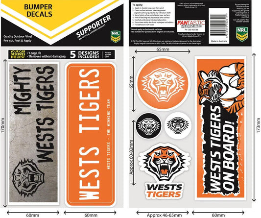 NRL Bumper Decal Sheet Set - West Tigers - Team Logo Sticker - 170mm