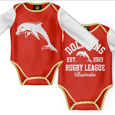 NRL 2 Piece Baby Body Suit  - Dolphins - Two Pack - Short & Long Sleeve