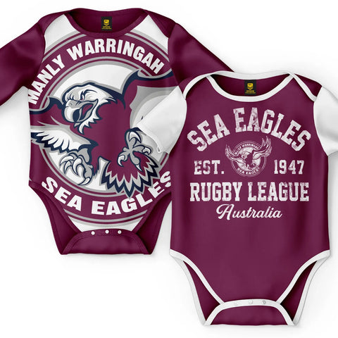 NRL 2 Piece Baby Body Suit  - Manly Sea Eagles - Two Pack - Short & Long Sleeve