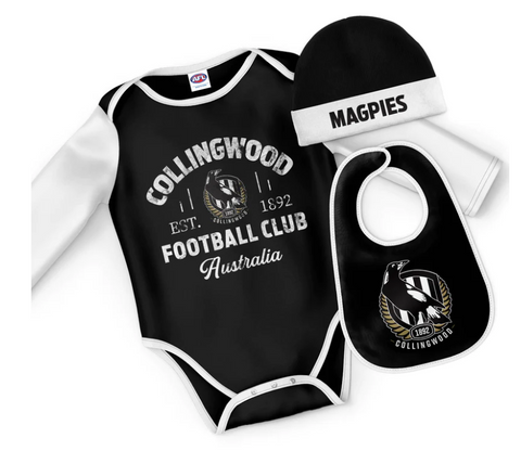 AFL Three Piece 'Rover' Bodysuit Set - Collingwood Magpies - Baby Infant