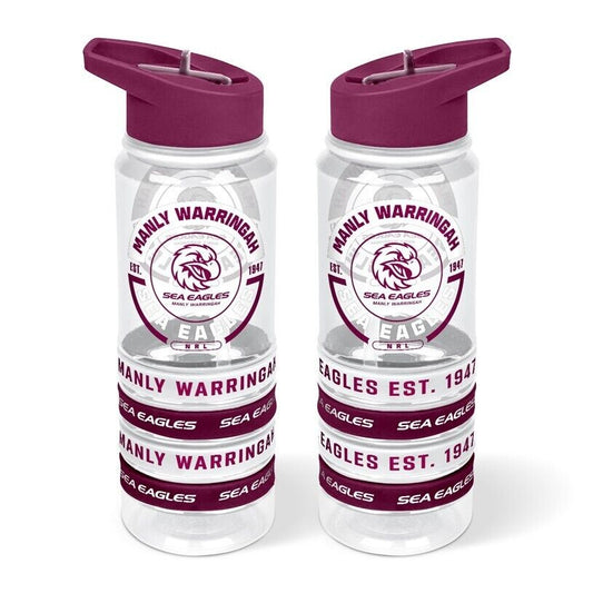 NRL Clear Tritan Drink Bottle 650ml - Manly Sea Eagles - 4 Wrist Bands
