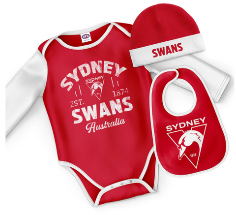 AFL Three Piece 'Rover' Bodysuit Set - Sydney Swans - Baby Infant