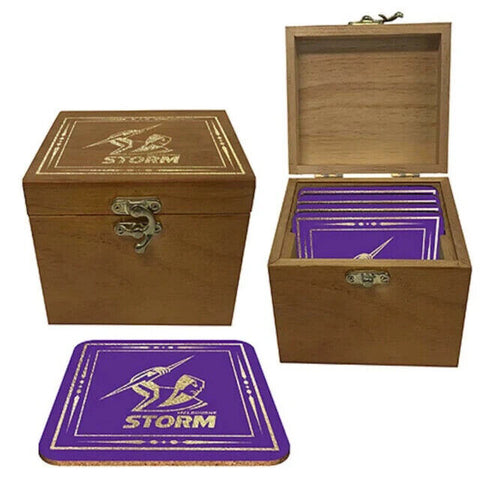 NRL Set Of 4 Cork Coasters In Wooden Gift Box - Melbourne Storm - Coaster
