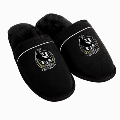 AFL Supporter Slippers - Collingwood Magpies - Mens Size - Fluffy Winter Shoes