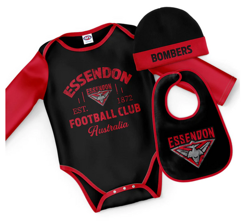 AFL Three Piece 'Rover' Bodysuit Set - Essendon Bombers - Baby Infant
