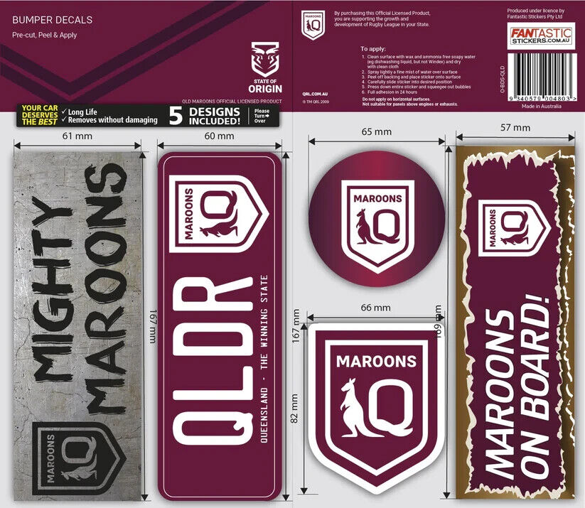 NRL Bumper Decal Sheet Set - QLD Maroons - Team Logo Sticker - 170mm