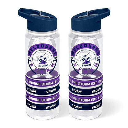 NRL Clear Tritan Drink Bottle 650ml - Melbourne Storm - 4 Wrist Bands