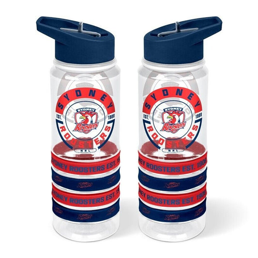 NRL Clear Tritan Drink Bottle 650ml - Sydney Roosters - 4 Wrist Bands