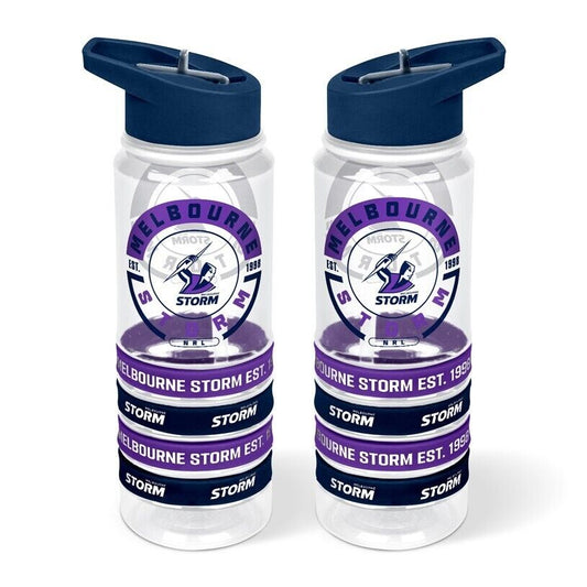 NRL Clear Tritan Drink Bottle 650ml - Melbourne Storm - 4 Wrist Bands