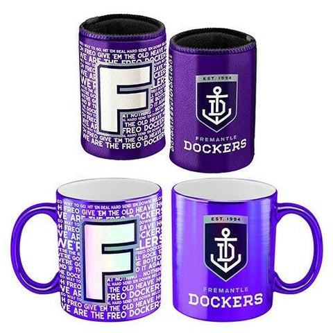 AFL Metallic Coffee Cup And Can Cooler Set - Fremantle Dockers - Mug Stubby