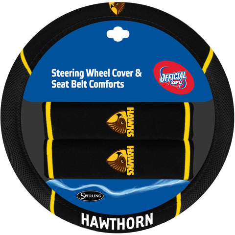 AFL Steering Wheel Cover - Seat Belt Covers - Hawthorn Hawks - Universal Fit
