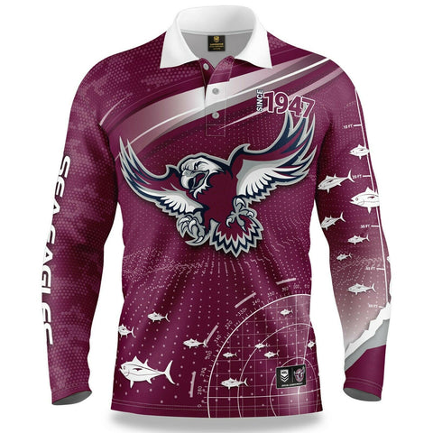 NRL Long Sleeve Fishfinder Fishing Polo Tee Shirt - Manly Sea Eagles - YOUTH