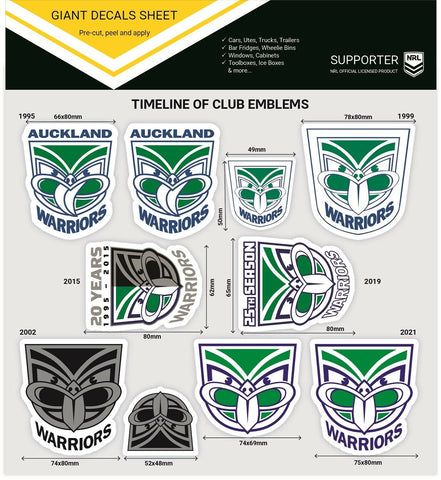 NRL Giant Decal Sheet - Newzealand Warriors - Timeline Of Club Logos - Stickers