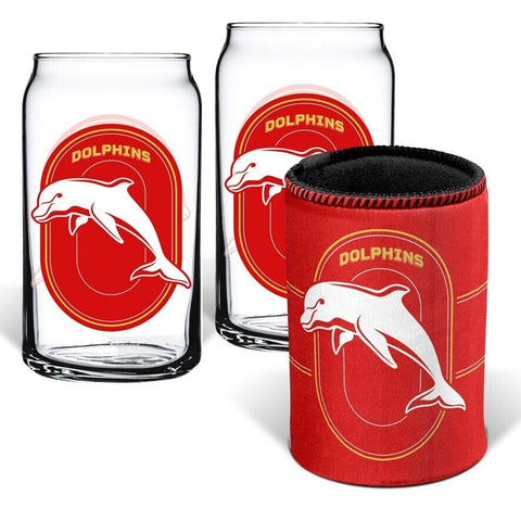 NRL Can Glass Set - Dolphins - Set of 2 Glass & Cooler