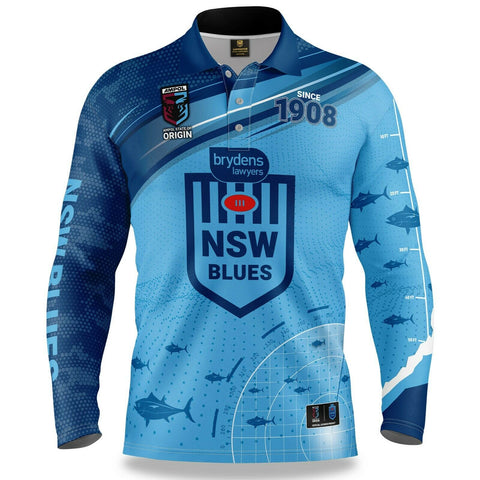 NRL Long Sleeve Fishfinder Fishing Polo Shirt - New South Wales Blues YOUTH NSW