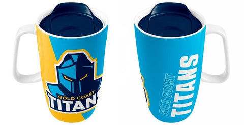 NRL Ceramic Travel Coffee Mug - Gold Coast Titans - Drink Cup With Lid