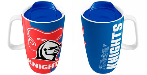 NRL Ceramic Travel Coffee Mug - Newcastle Knights - Drink Cup With Lid