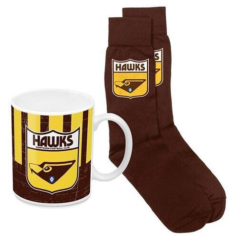 AFL Heritage Coffee Drink Mug & Sock Gift Pack - Hawthorn Hawks -  Gift Boxed