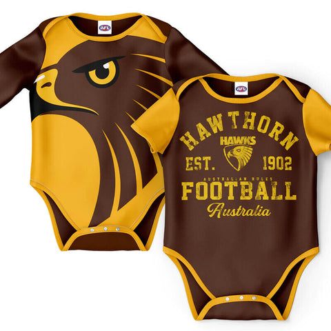 AFL 2 Piece Baby Body Suit - Hawthorn Hawks - Two Pack - Short & Long Sleeve