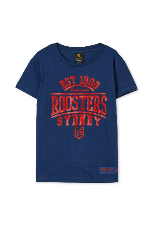 NRL Kids Distressed Flock Tee Shirt - Sydney Roosters - Youth T-Shirt