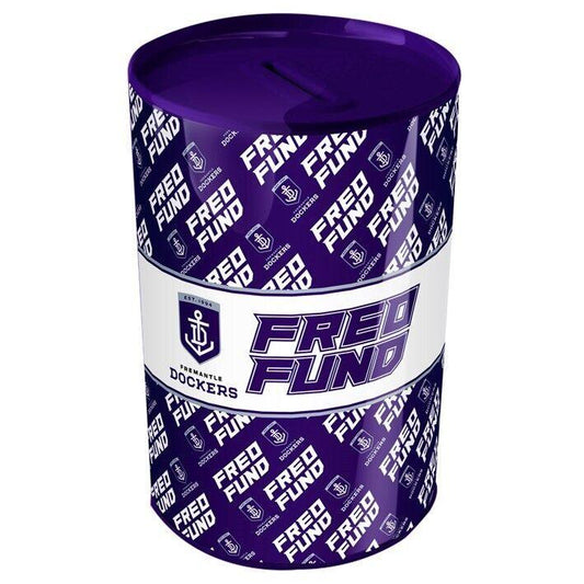 AFL Tin Money Box - Fremantle Dockers -  21cm Tall x 10cm Wide