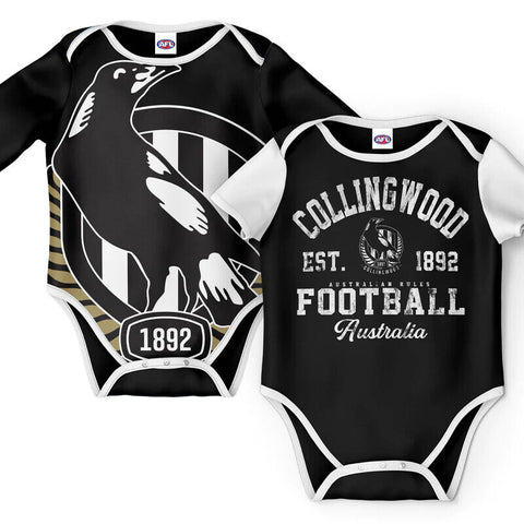 AFL 2 Piece Baby Body Suit - Collingwood Magpies - Two Pack -Short & Long Sleeve
