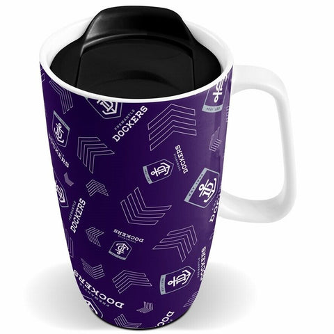 AFL Ceramic Travel Coffee Mug - Fremantle Dockers - Drink Cup With Lid