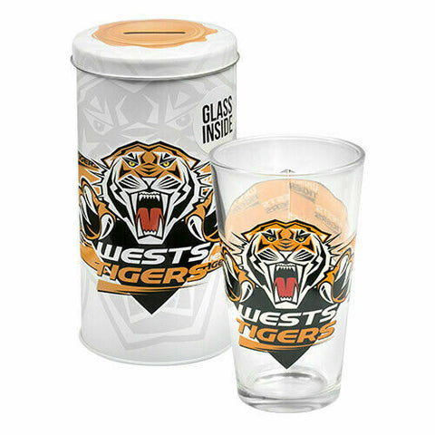 NRL Money Tin and Glass Set - West Tigers - 450mL Cup