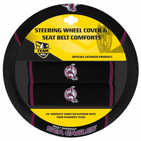 NRL Steering Wheel Cover - Seat Belt Covers - Manly Sea Eagles - Universal Fit
