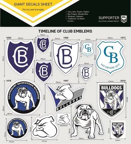 NRL Giant Decal Sheet - Canterbury Bulldogs - Timeline Of Club Logos - Stickers