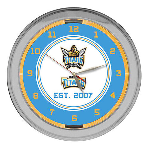 NRL Gold Coast Titans - Chrome Plated Logo Neon Bar Clock 38cm