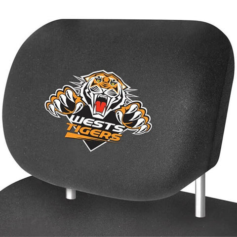 NRL Car Head Rest Cover - West Tigers - Set Of Two Covers - Universal Fit