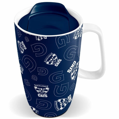 AFL Ceramic Travel Coffee Mug - Geelong Cats - Drink Cup With Lid