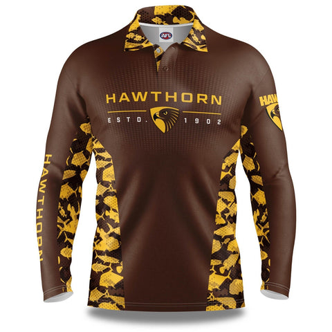 AFL Long Sleeve Reef Runner Fishing Polo Tee Shirt - Hawthorn Hawks - Adult
