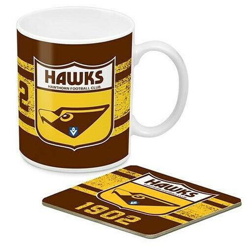AFL Coffee Mug And Coaster - First 18 - Hawthorn Hawks - Ceramic Cup -