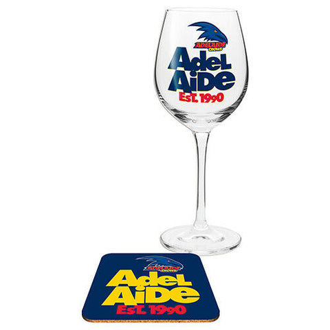 AFL Wine Glass And Coaster - Adelaide Crows - Gift Box Included -
