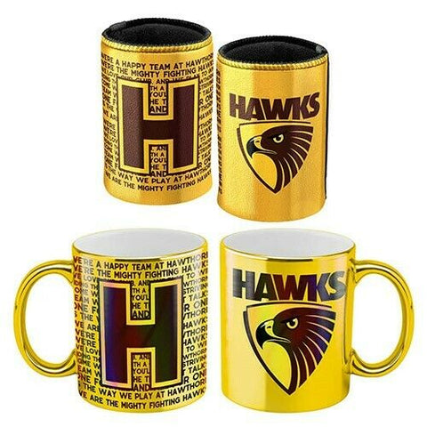 AFL Metallic Coffee Cup And Can Cooler Set - Hawthorn Hawks - Mug Stubby