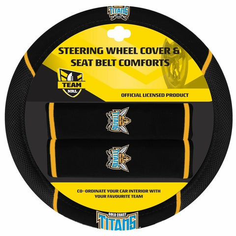 NRL Steering Wheel Cover - Seat Belt Covers - Gold Coast Titans - Universal Fit