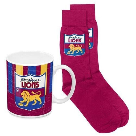 AFL Heritage Coffee Drink Mug & Sock Gift Pack - Brisbane Lions -  Gift Boxed