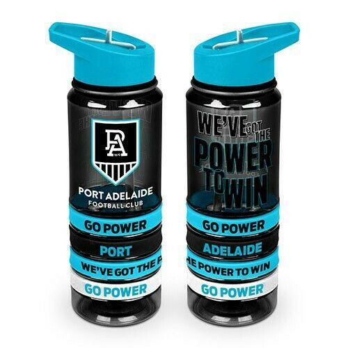 AFL Tritan Drink Water Bottle 650ml - Port Adelaide Power - 4 Wrist Bands -Straw