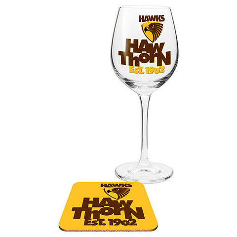 AFL Wine Drinking Glass & Coaster - Hawthorn Hawks - Team Logo - Gift Box