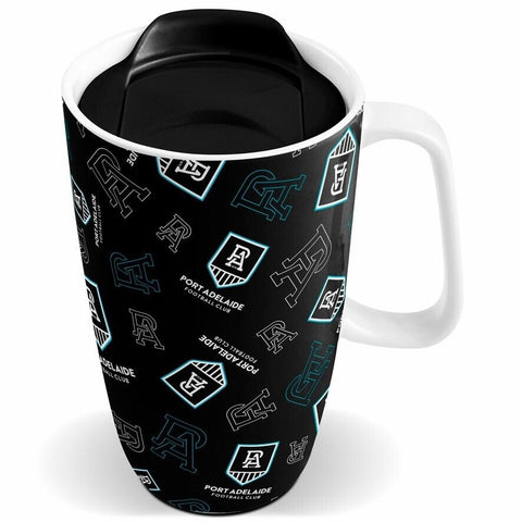 AFL Ceramic Travel Coffee Mug - Port Adelaide Power - Drink Cup With Lid
