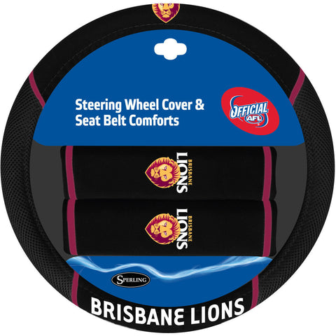 AFL Steering Wheel Cover - Seat Belt Covers - Brisbane Lions - Universal Fit